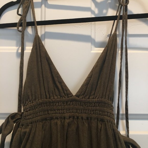 Free People dark olive green dress with shoulder ties, uneven fringed hemline - Picture 2 of 4